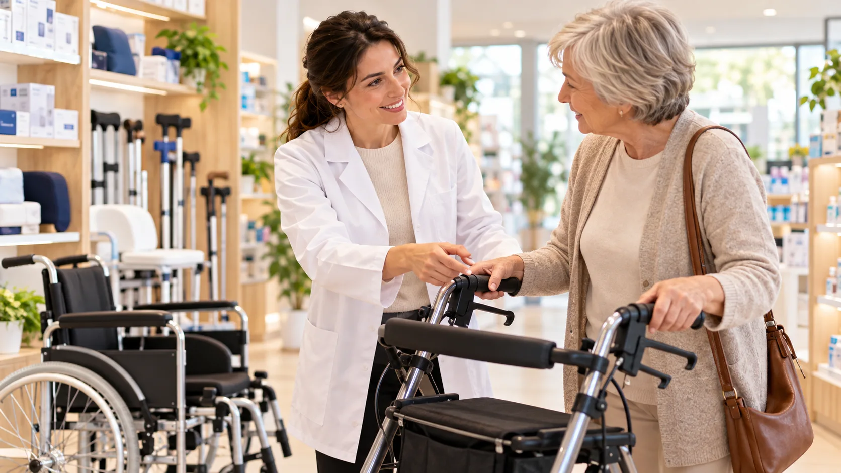 Une pharmacienne accompagne une femme utilisant un déambulateur, à côté d'un fauteuil roulant et de cannes.