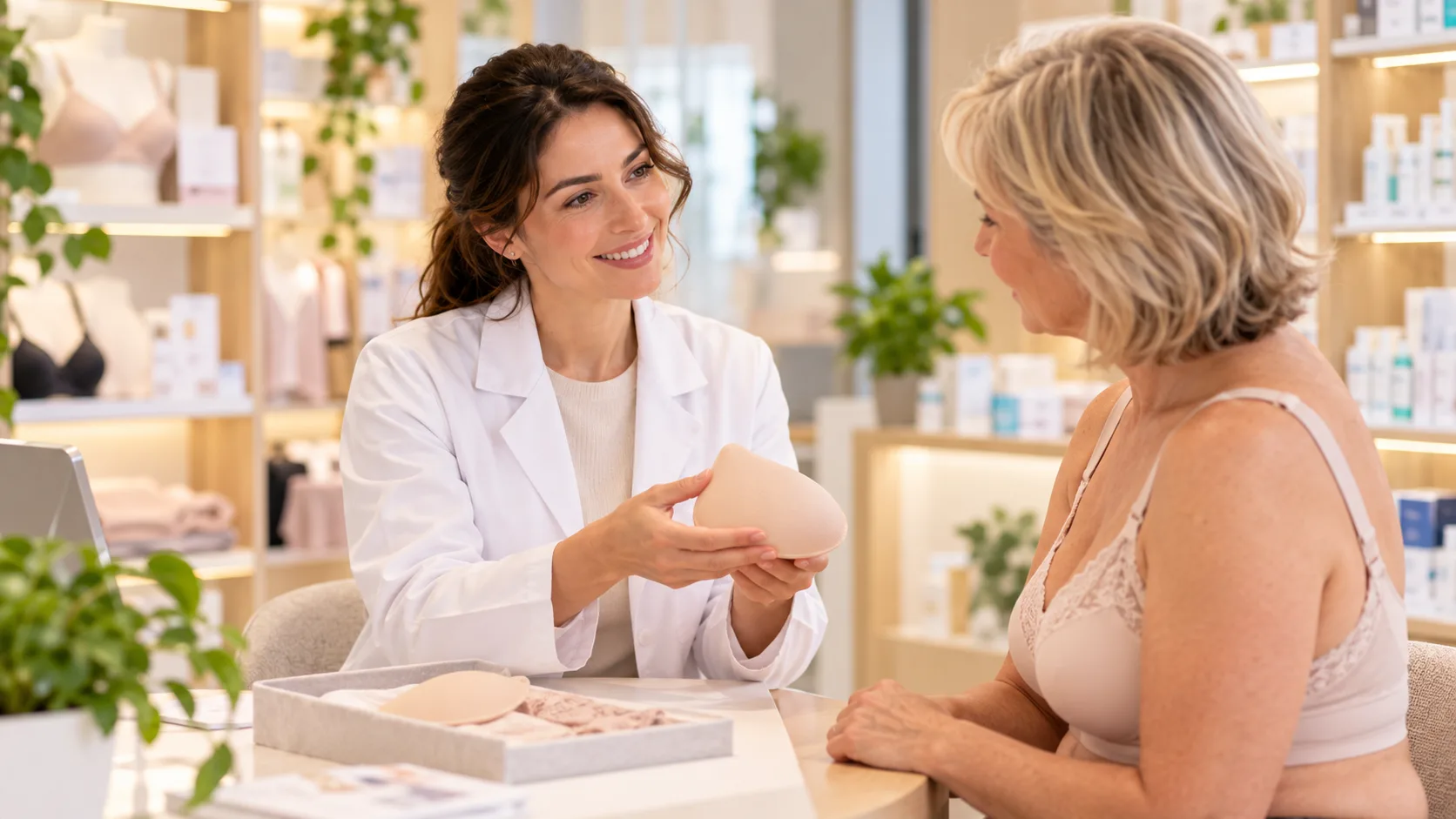 Une pharmacienne présente une prothèse mammaire externe à une cliente au comptoir de la pharmacie.