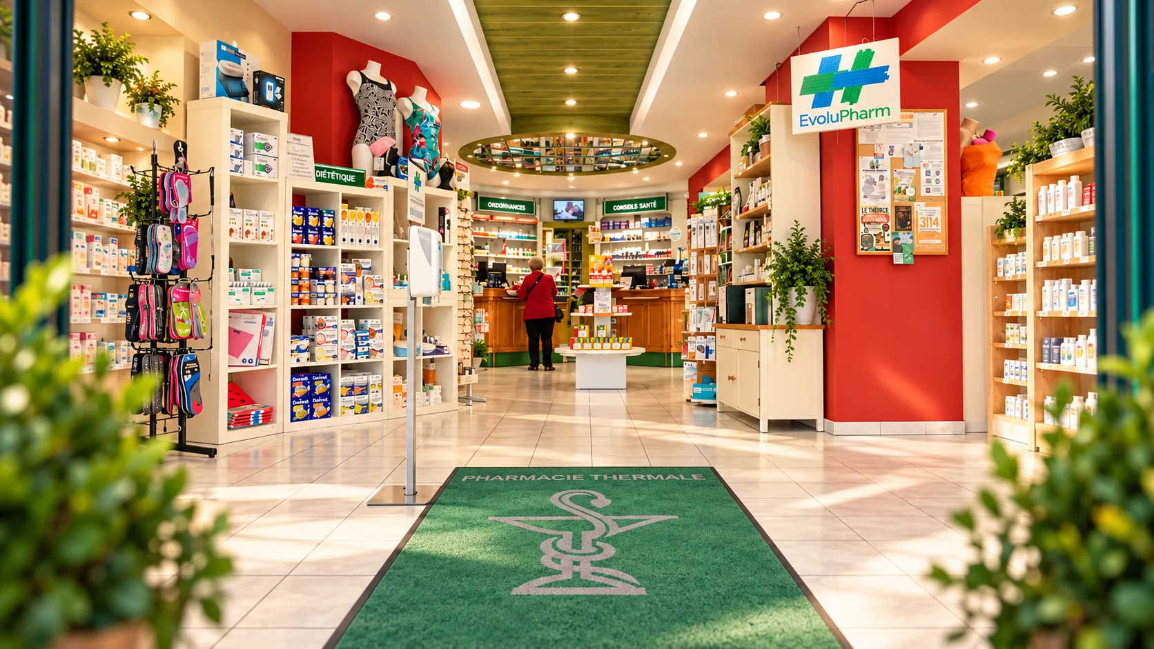 L’entrée de la Pharmacie Thermale à Saint-Amand-les-Eaux, avec son tapis d’accueil et son comptoir dans la perspective centrale.