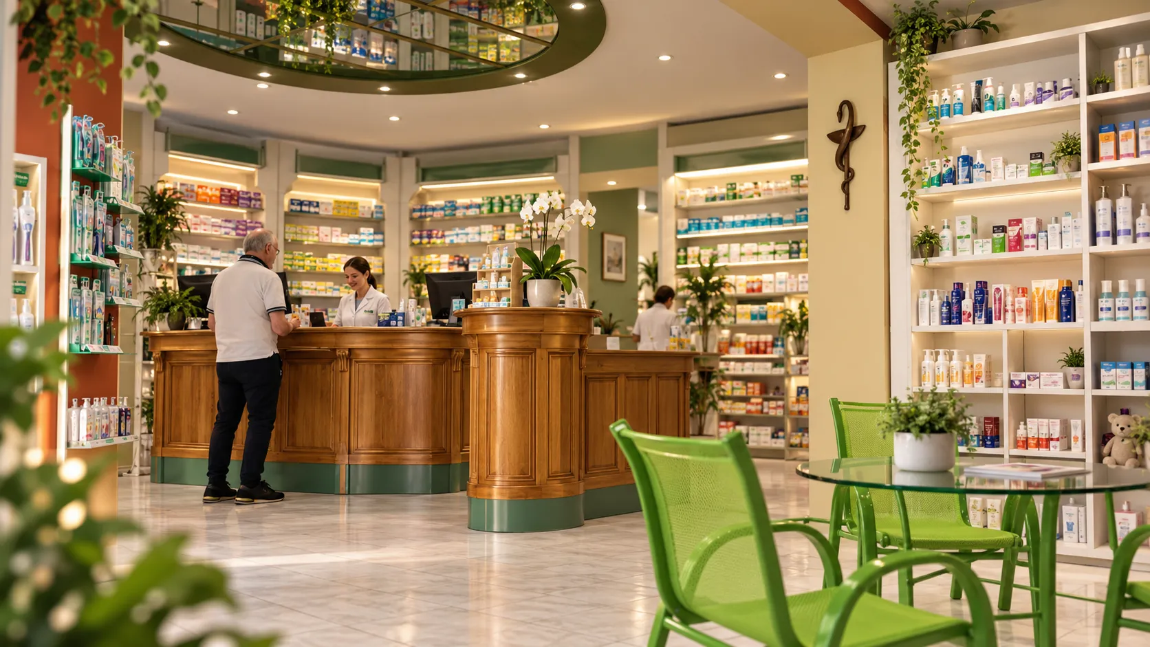 Vue de l’intérieur de la Pharmacie Thermale, avec son comptoir en bois et son espace d’accueil.
