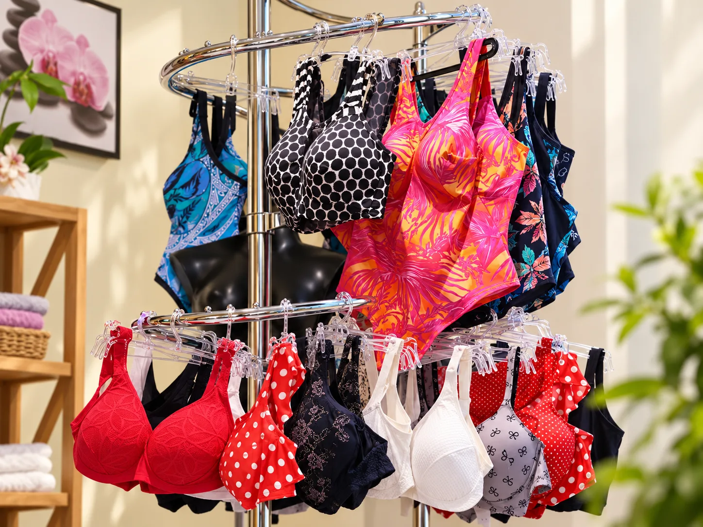 Un présentoir de soutiens-gorge et de lingerie de différentes formes et couleurs à la pharmacie.