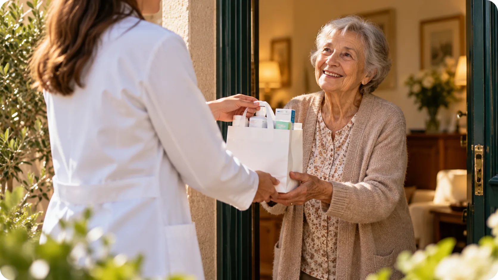Une pharmacienne remet des produits de santé à une personne âgée lors d'une livraison à domicile.