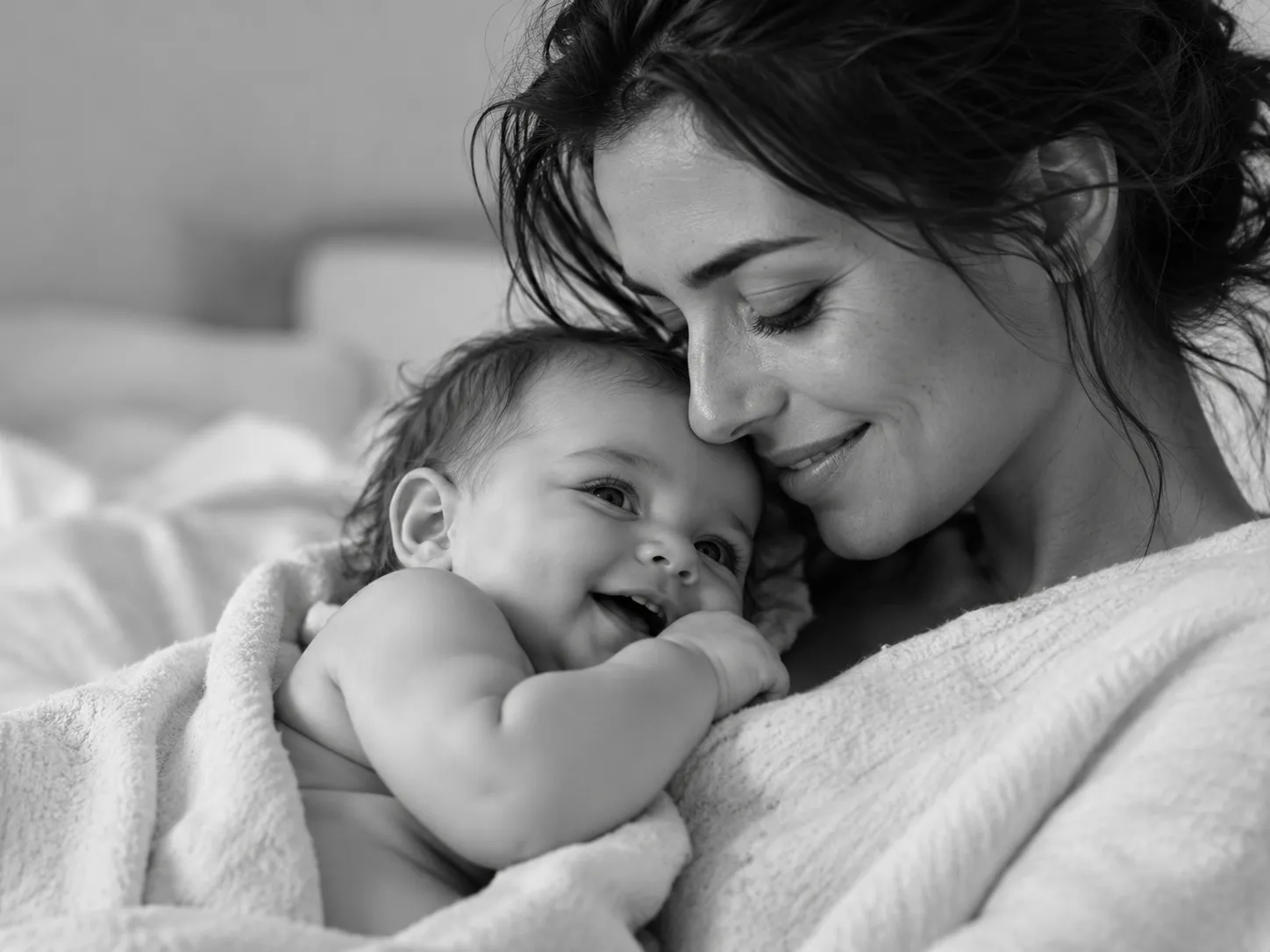Une mère blottit son bébé contre elle, enveloppé dans une serviette.