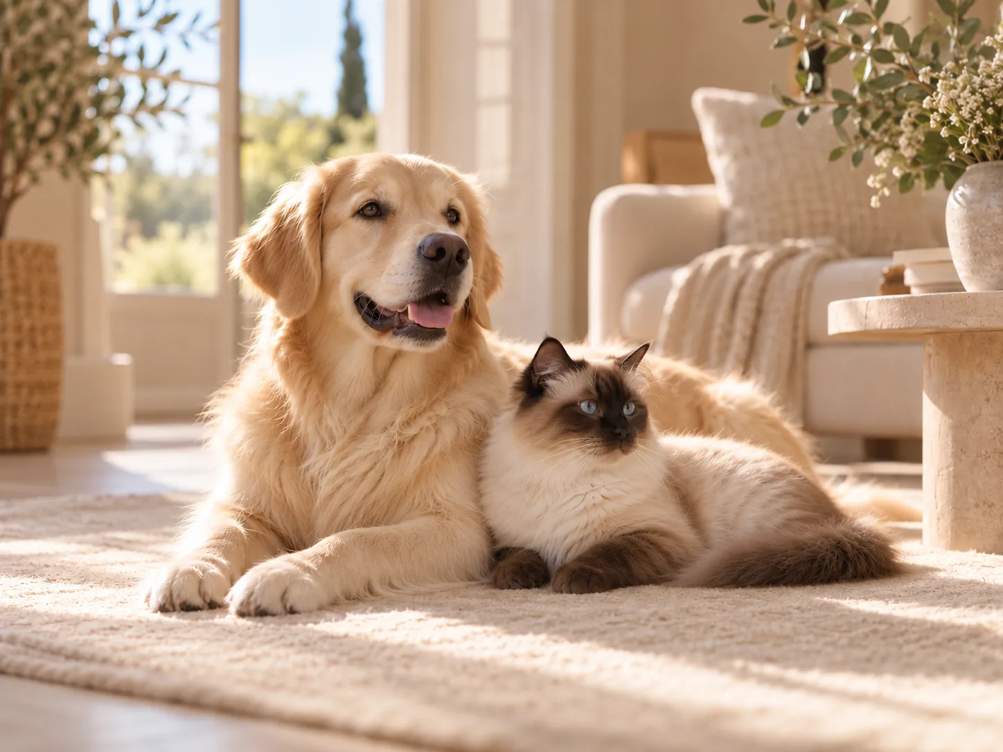 Un golden retriever et un chat seal point allongés côte à côte dans un salon lumineux.