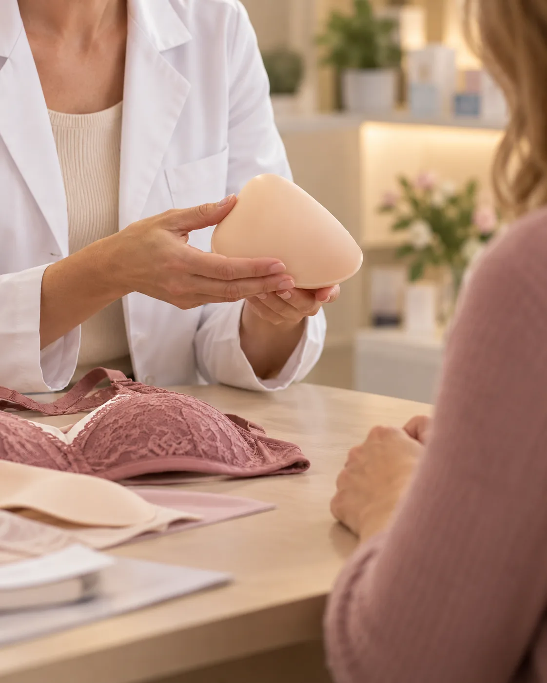 Présentation d'une prothèse mammaire externe lors d'un échange entre une professionnelle et une cliente.