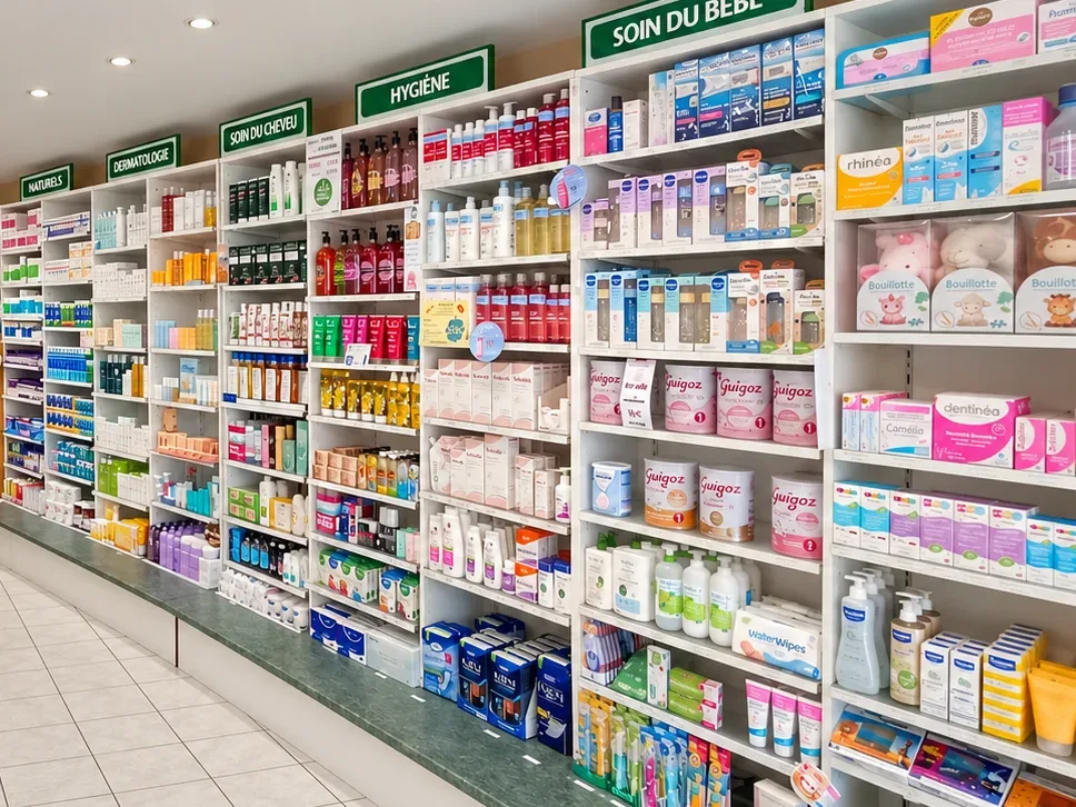Les rayons de parapharmacie de la Pharmacie Thermale.