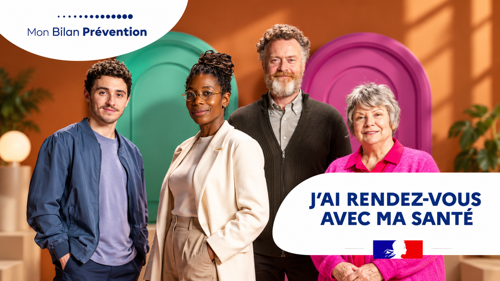 Visuel Mon bilan prévention réunissant quatre adultes de différentes générations.