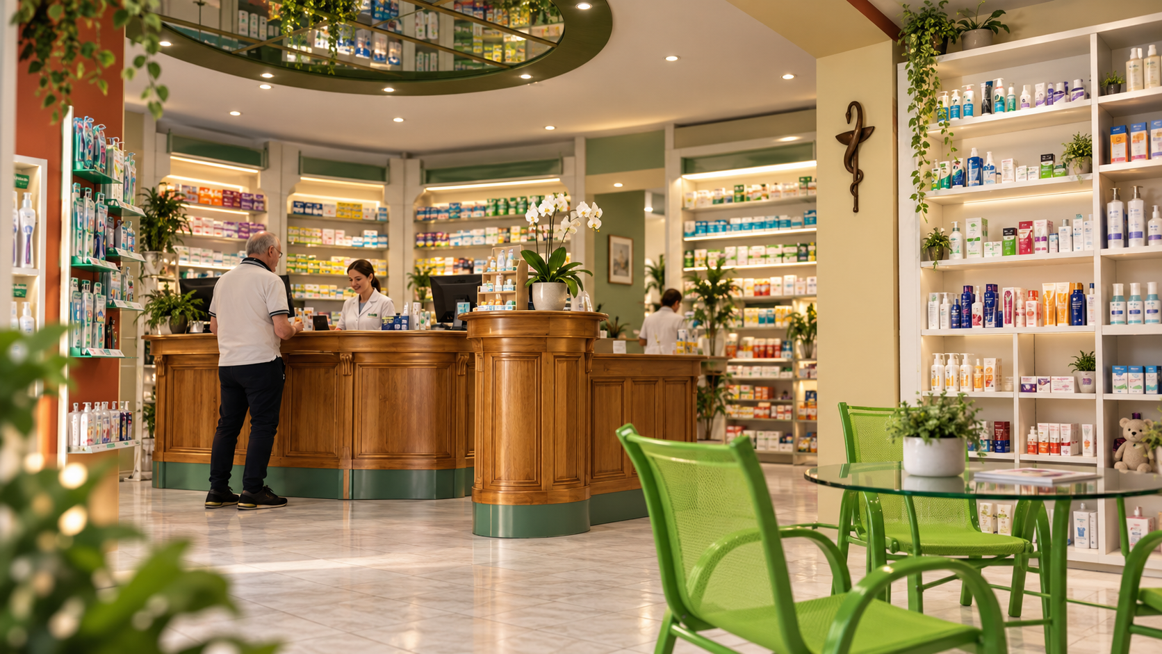 Vue de l’intérieur de la Pharmacie Thermale, avec son comptoir en bois et son espace d’accueil.