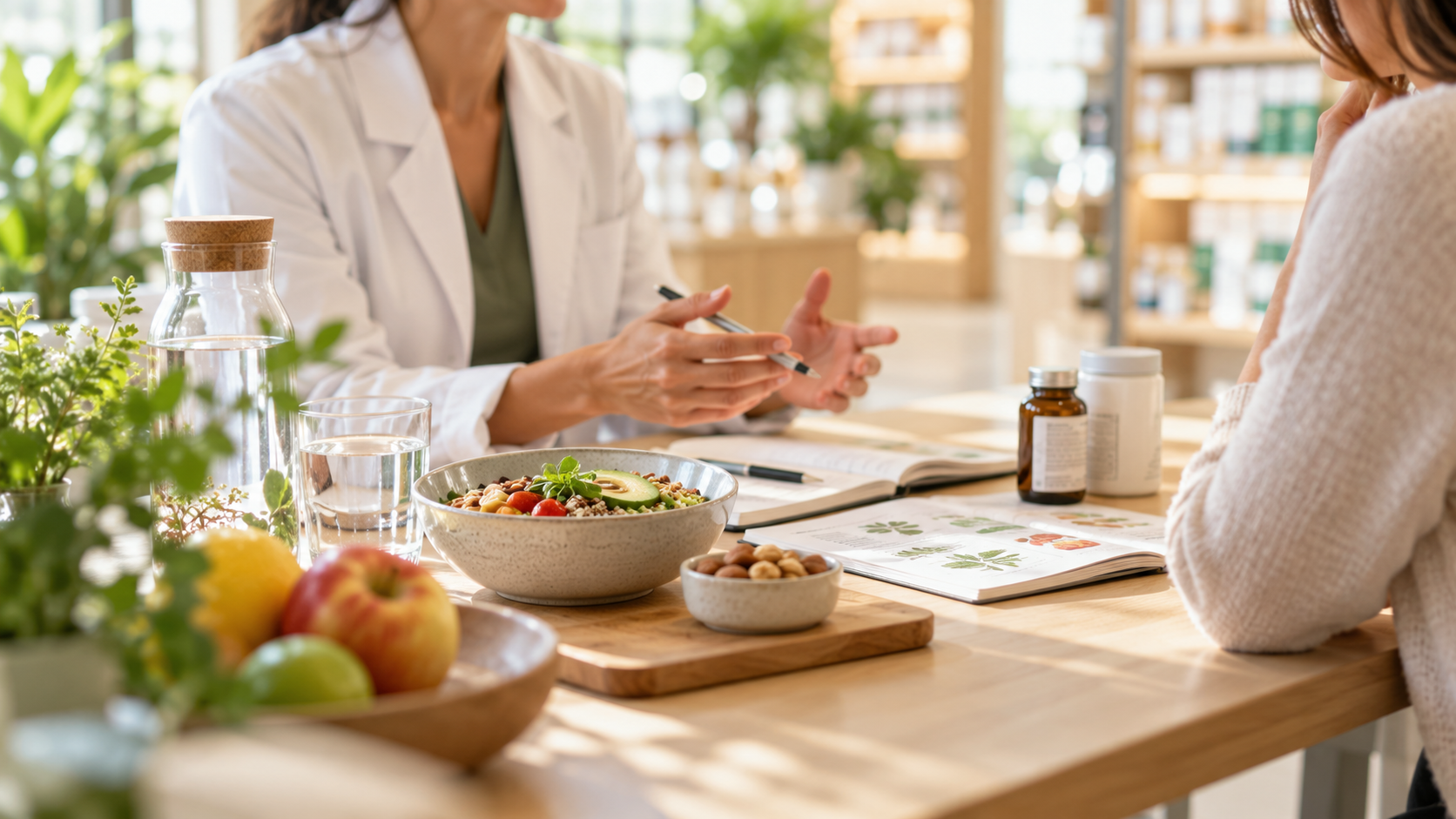 Échange autour d’un repas équilibré, de documents nutritionnels et de compléments alimentaires.