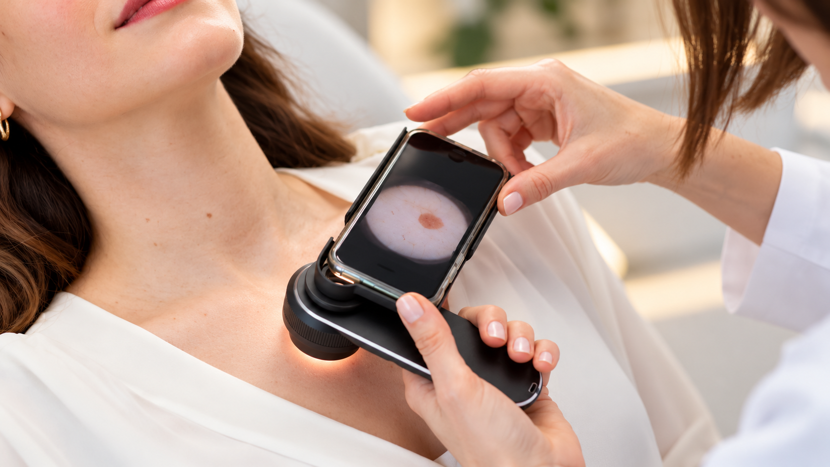 Prise d’images d’une lésion cutanée au dermatoscope à la pharmacie.