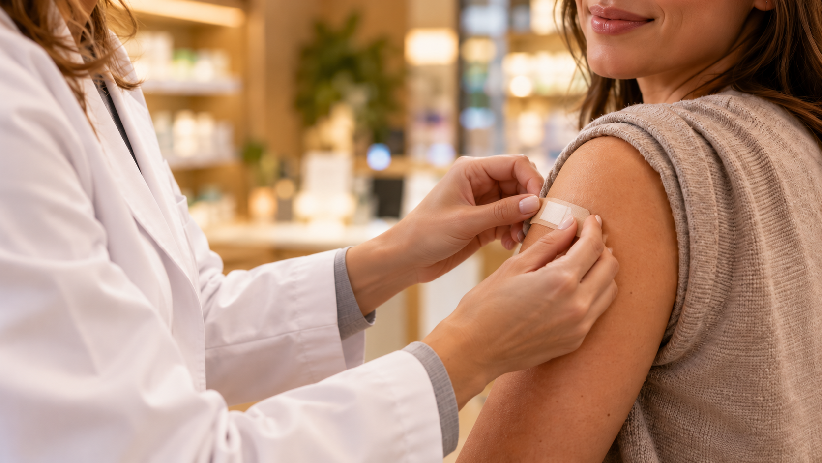 Une pharmacienne applique un pansement sur le bras d'une patiente après une vaccination