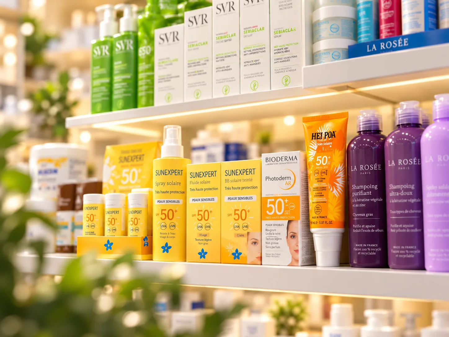 Le rayon de protection solaire : boîtes SUN+EXPERT et Photoderm, tube Heliopa 50+ et flacons La Rosée présentés sur l’étagère.