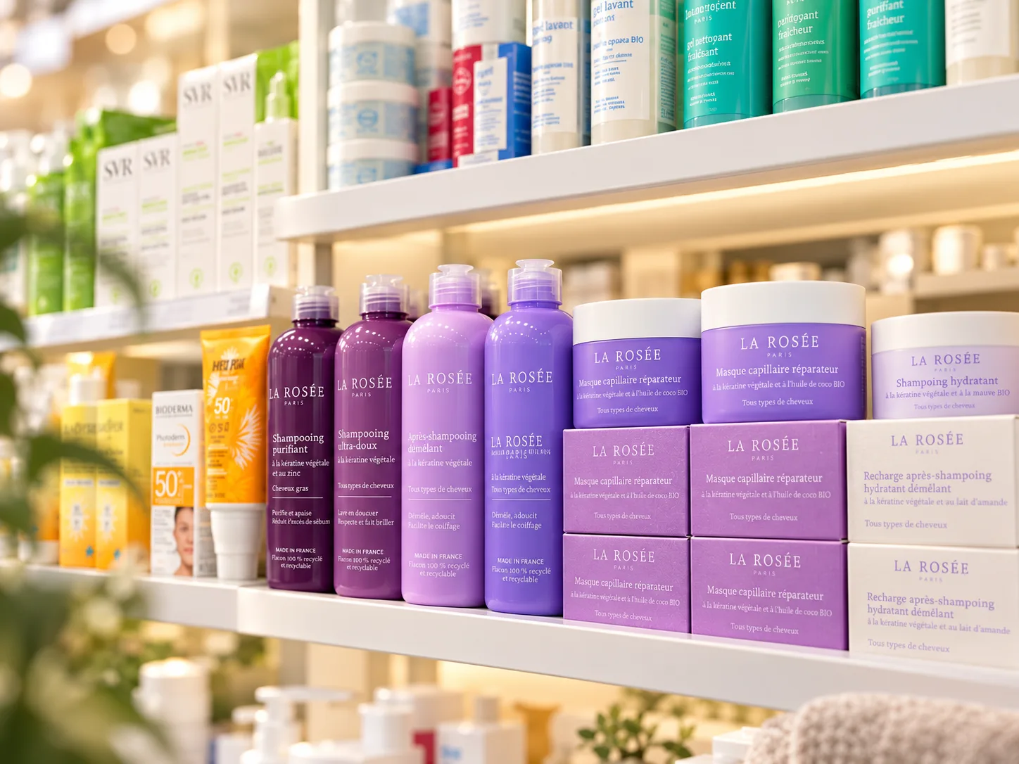 Le rayon de soins du visage et du corps : boîtes SVR et flacons La Rosée alignés sur les étagères, auprès des soins solaires.