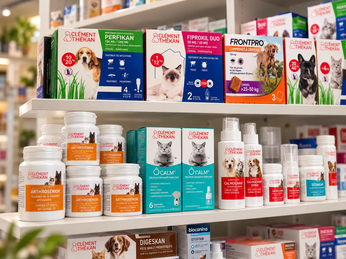 Le linéaire antiparasitaire de la Pharmacie Thermale : Fiprokil Duo et Perfikan de Clément Thékan, Frontpro et traitements contre les puces et les tiques pour chiens et chats.