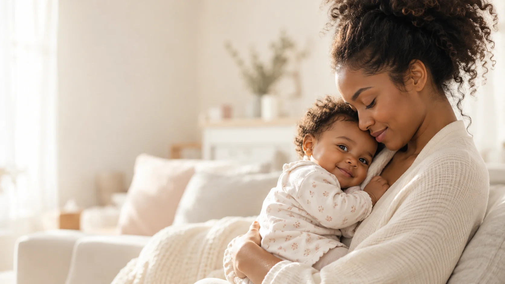 Une maman tient son bébé blotti contre elle, dans un salon baigné de lumière.