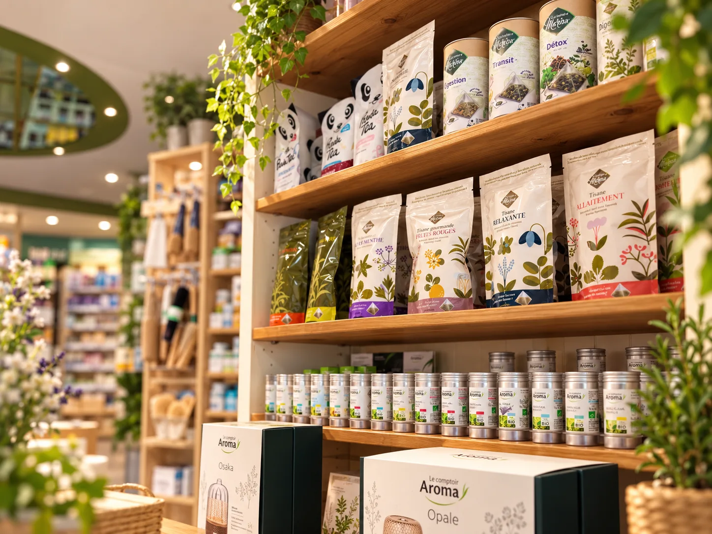 Étagères du rayon de santé naturelle de la Pharmacie Thermale : boîtes de tisanes détox, transit et infusions relaxantes aux fruits rouges ou à la menthe.