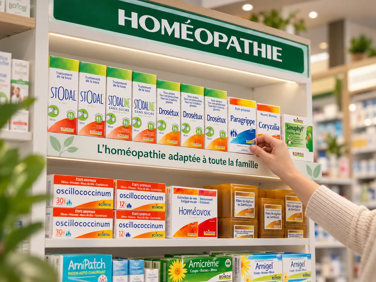 Le rayon homéopathie de la Pharmacie Thermale : tubes granules et boîtes des laboratoires Boiron — Stodal, Drosétux, Coryzalia, Oscillococcinum, Arnica — sous le panneau « L’homéopathie adaptée à toute la famille ».