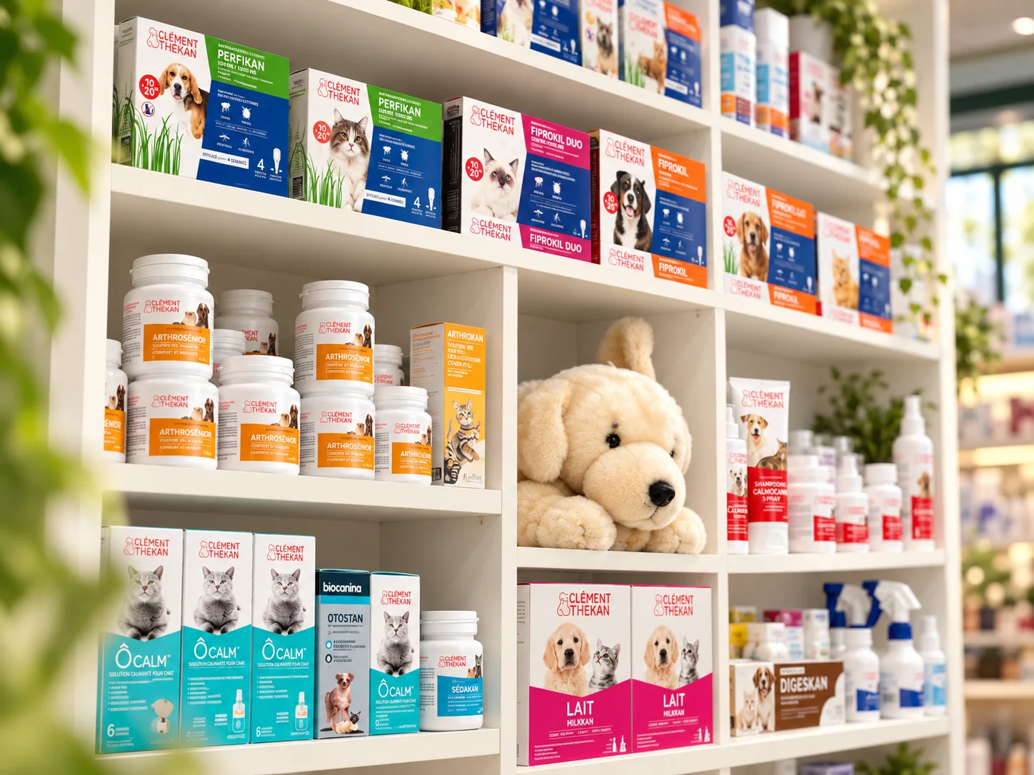 Le rayon hygiène et soins de la Pharmacie Thermale : solution calmante ÔCalm, shampooing Calmocanin et soins Biocanina et Otostan pour chiens et chats.