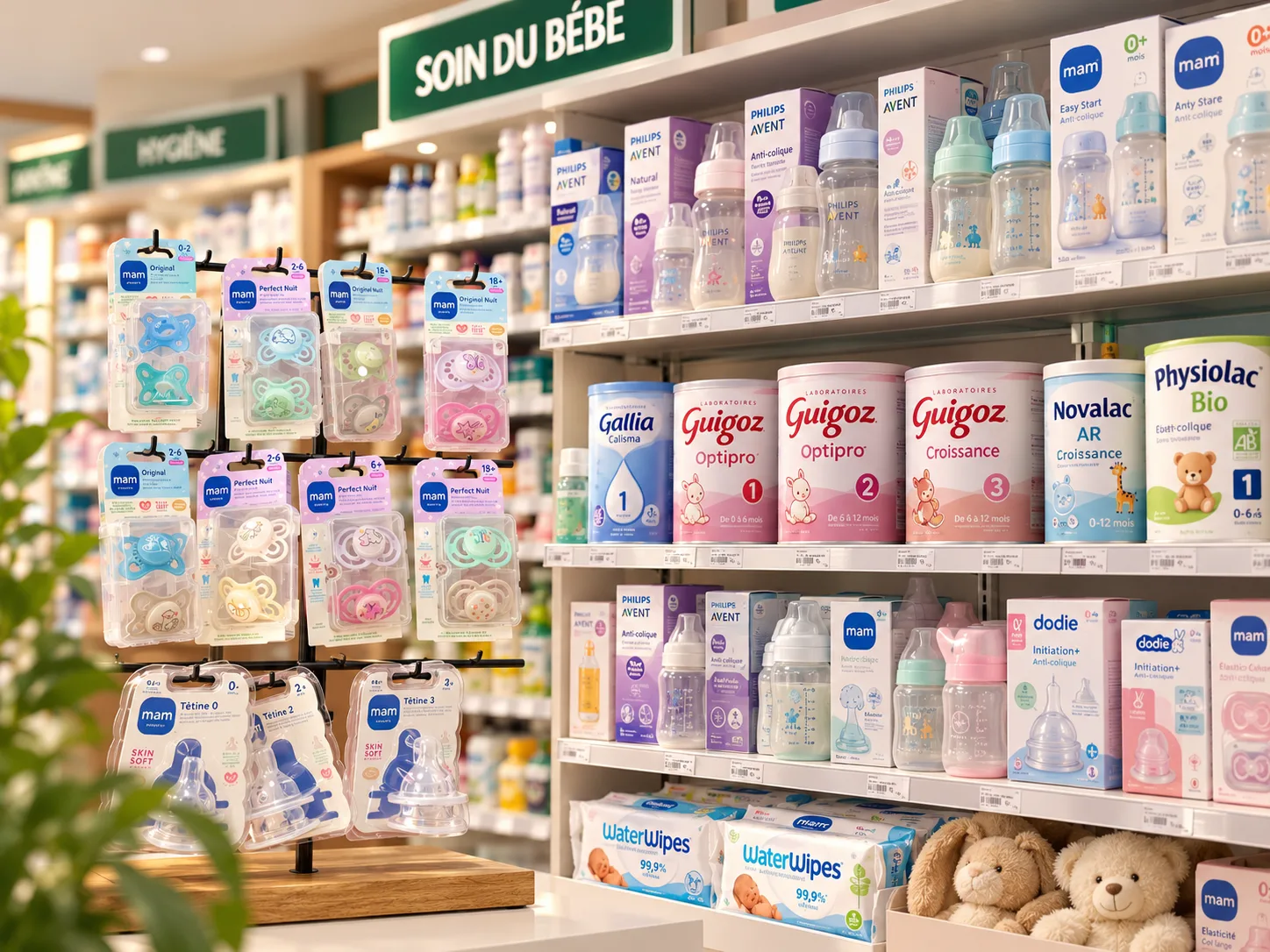 Le rayon des laits infantiles et des biberons de la pharmacie : présentoir de tétines MAM, boîtes de lait Guigoz, Gallia et Novalac, biberons Dodie et MAM alignés sur les étagères.