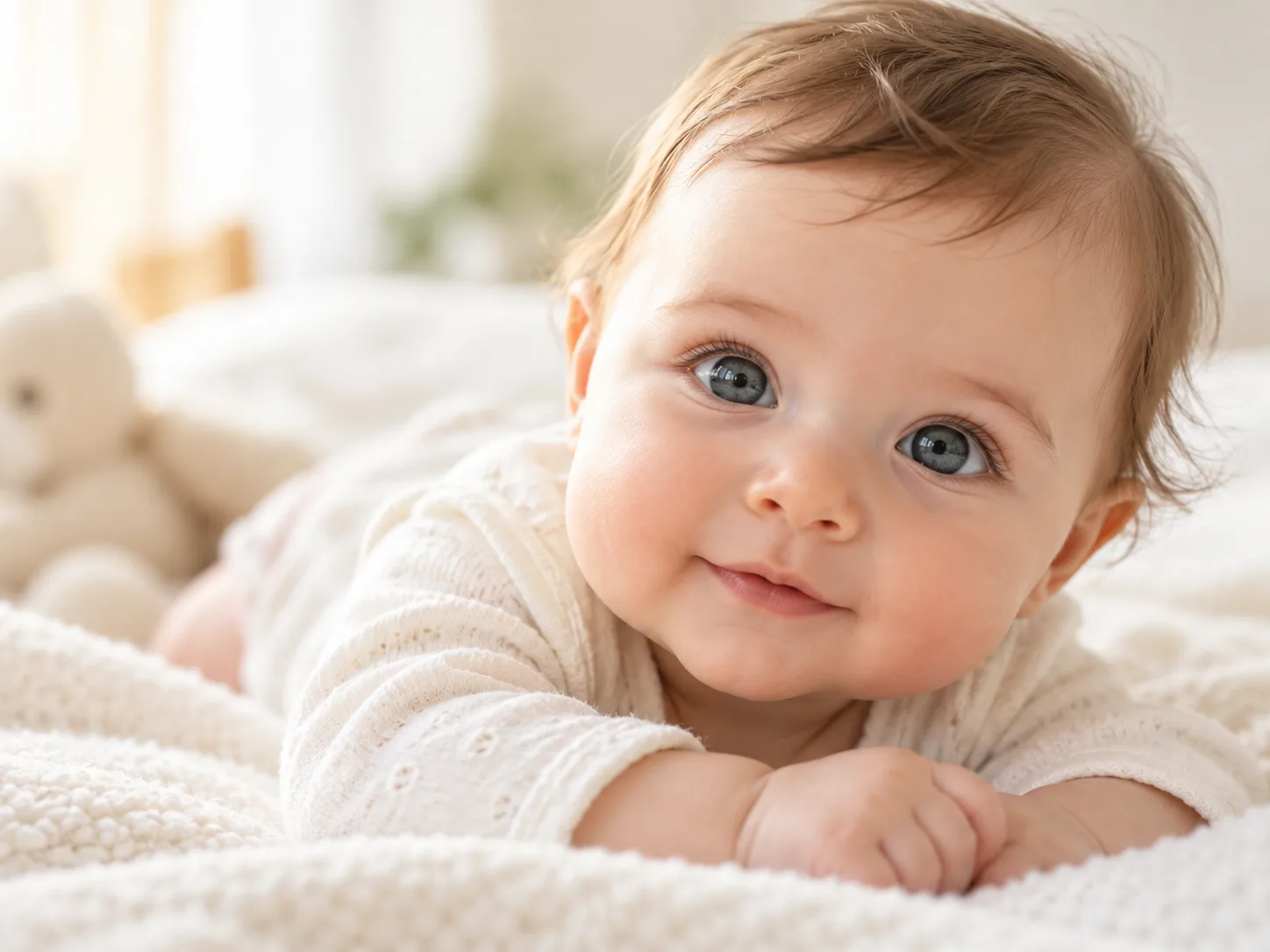 Gros plan d’un bébé allongé sur le ventre, appuyé sur les avant-bras, sur un plaid en maille, le regard tourné vers l’objectif.