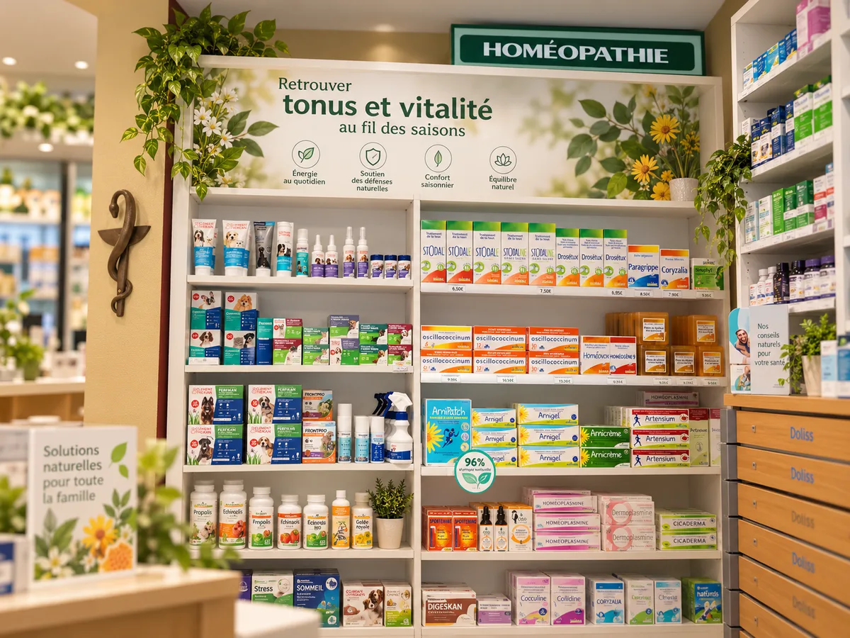 Le linéaire « Retrouver tonus et vitalité au fil des saisons » de la Pharmacie Thermale : boîtes Stodal, Drosétux, Oscillococcinum et Arnicrème des laboratoires Boiron.