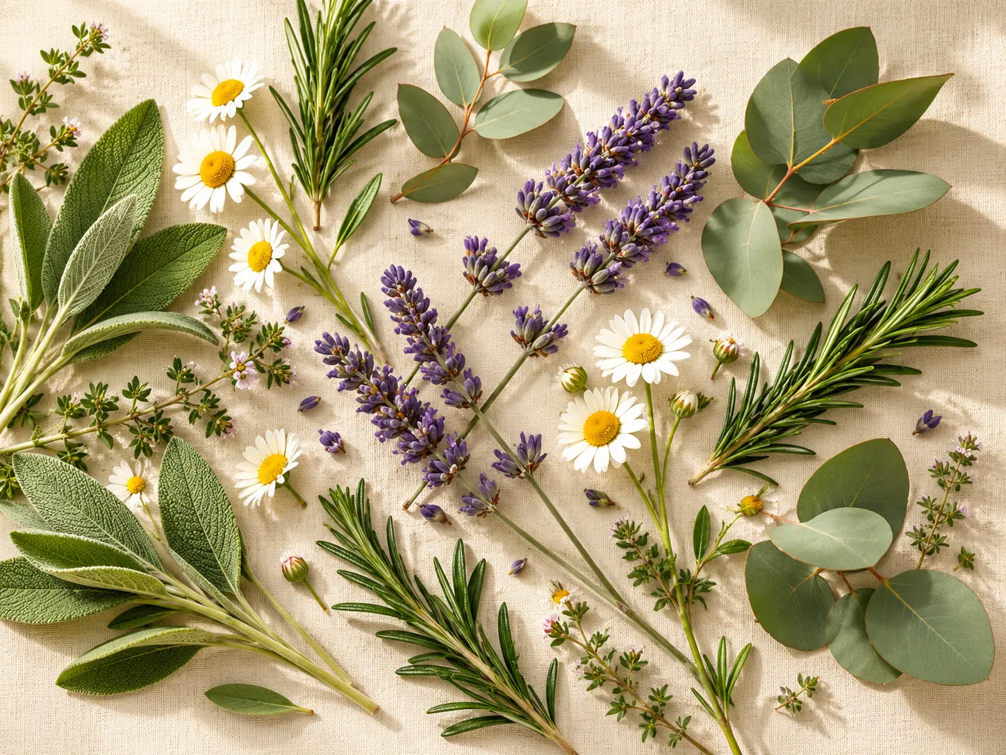 Plantes médicinales disposées sur un lin naturel : lavande, camomille, romarin, sauge et eucalyptus.