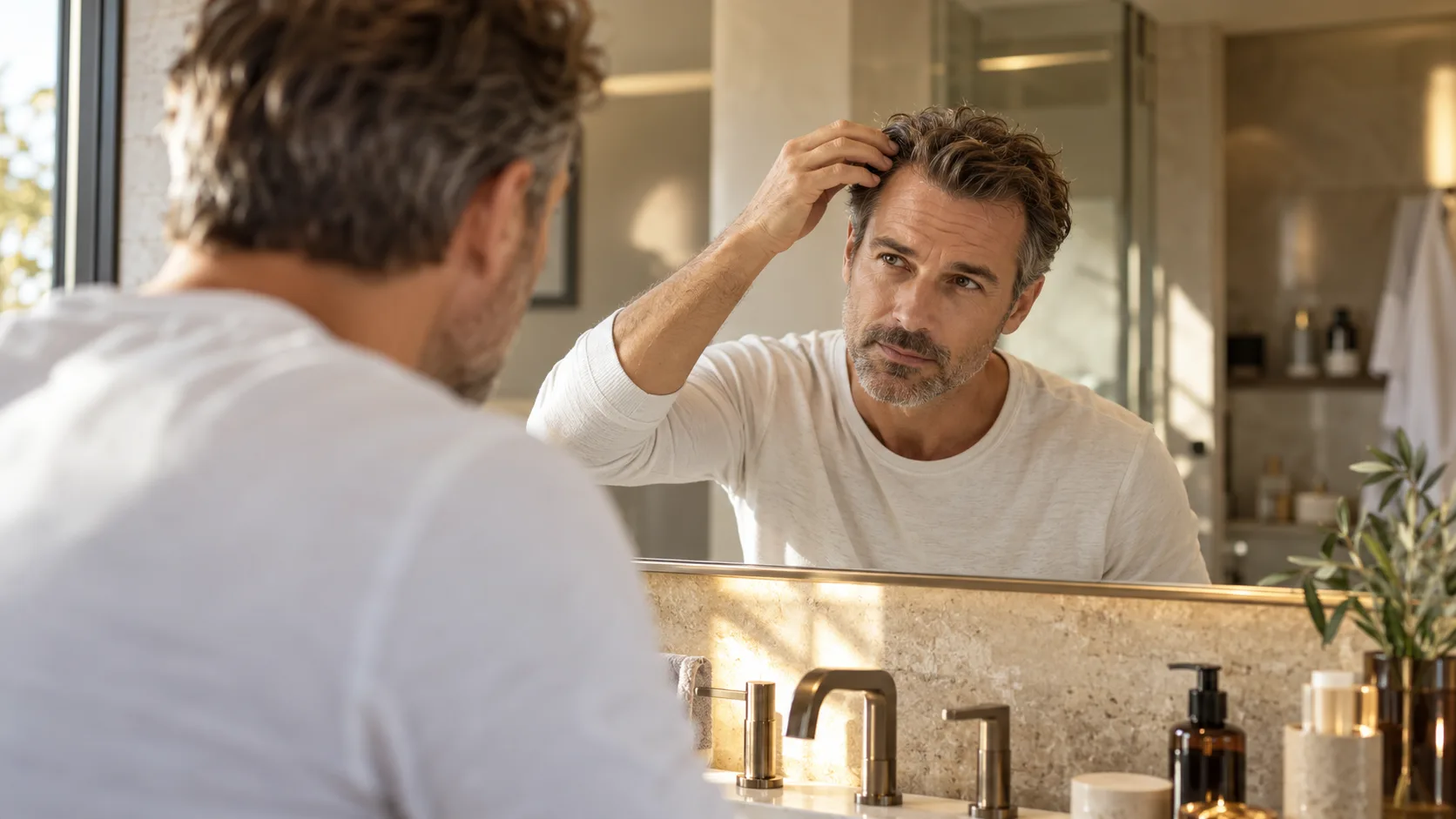 Un homme lisse ses cheveux devant le miroir de la salle de bain.