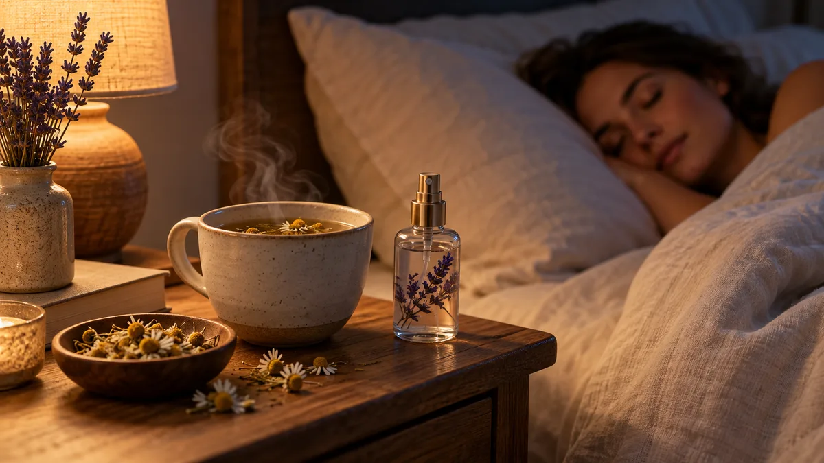 Tisane fumante, brume apaisante à la lavande et camomille séchée sur une table de nuit, dans une chambre tamisée.