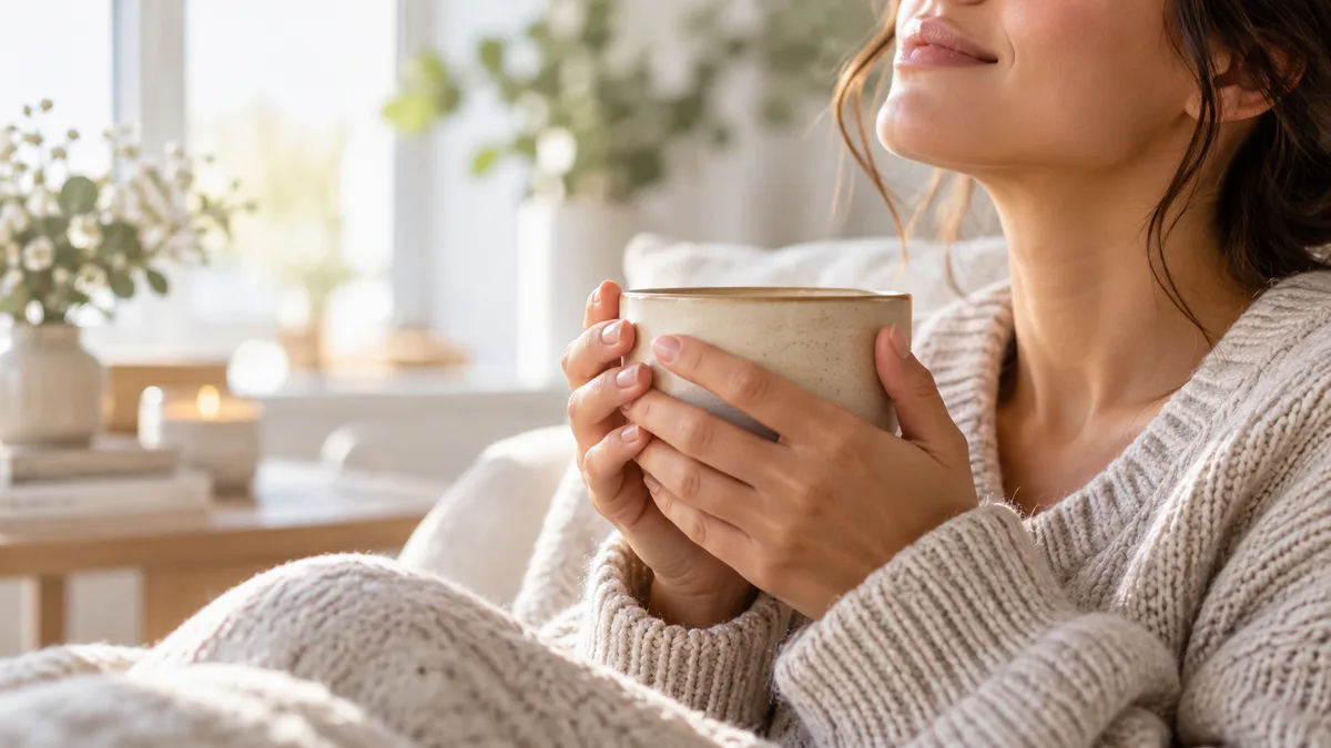 Femme apaisée, les yeux fermés, tenant une tasse chaude à deux mains dans un intérieur lumineux.