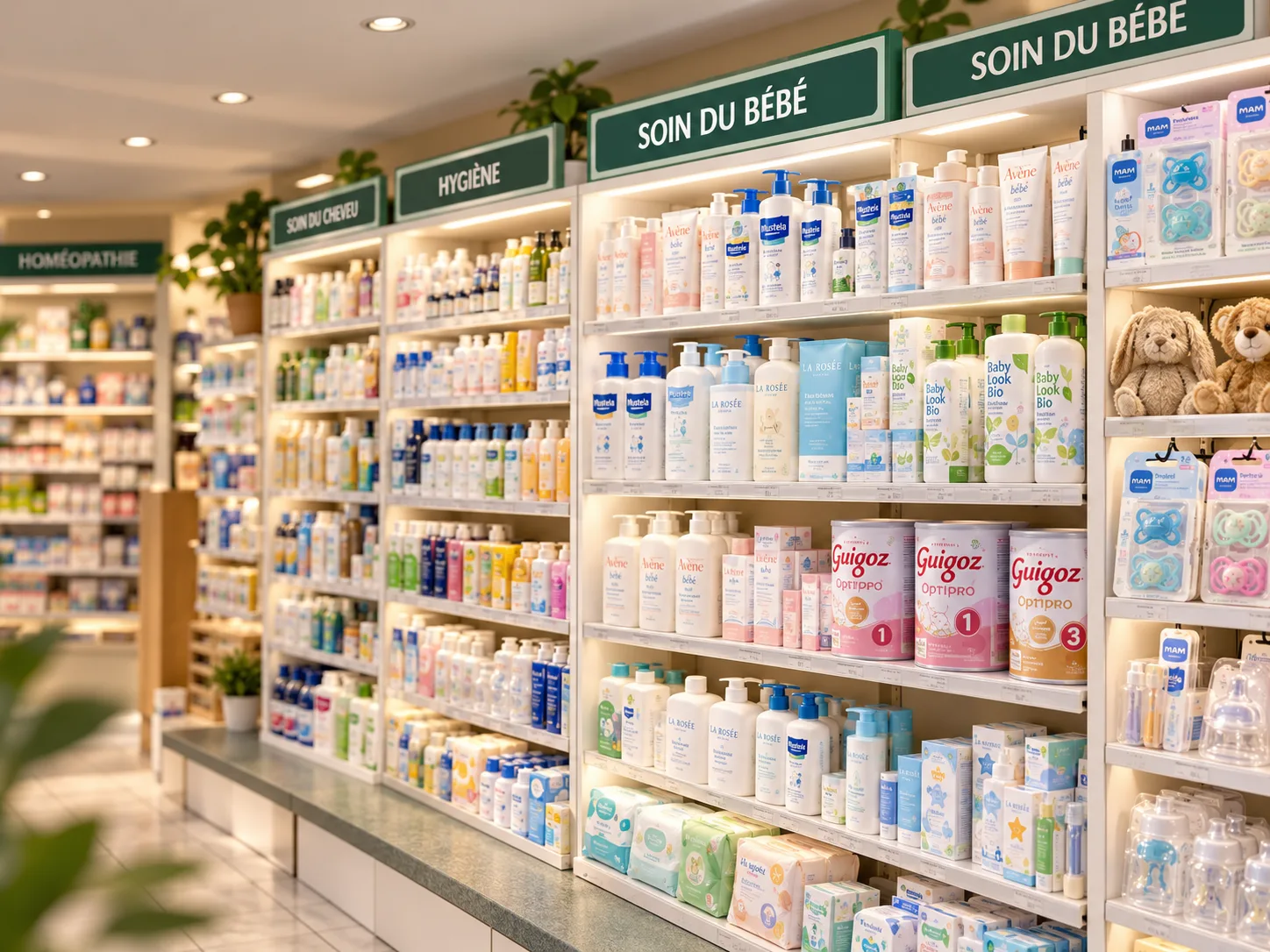 Le rayon bébé de la Pharmacie Thermale : gels lavants, laits de toilette et crèmes pour le nourrisson alignés sur les étagères, dans l’allée « soin du bébé ».